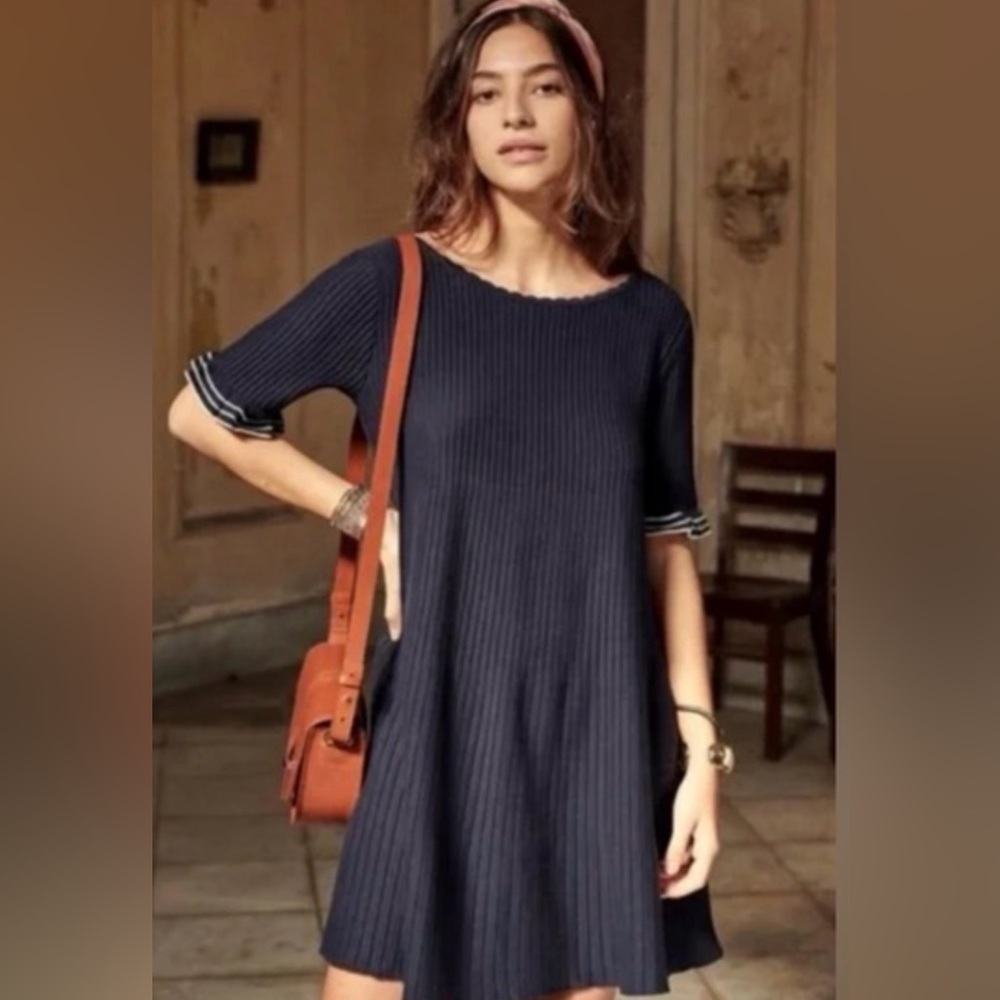 Sézane Solene Navy Blue Ribbed Dress M